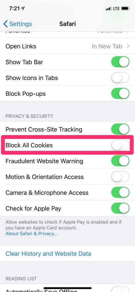 Clearing Cookies on iPhone